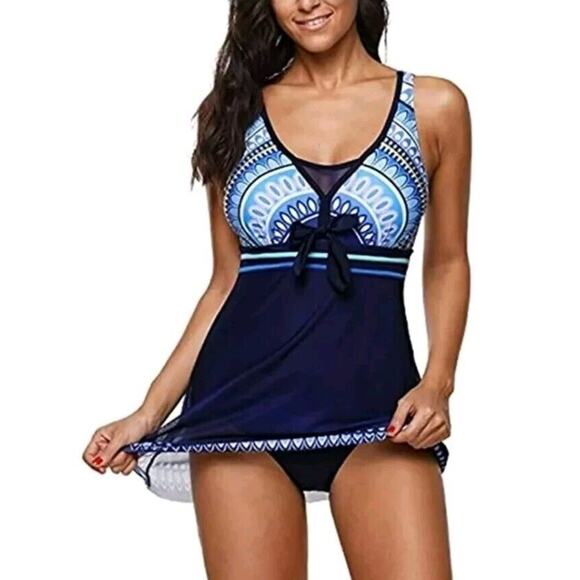 Blue Multicolor Aztec Sheer overlay Swim Dress Swimsuit Padded One Piece XXL - Picture 2 of 8